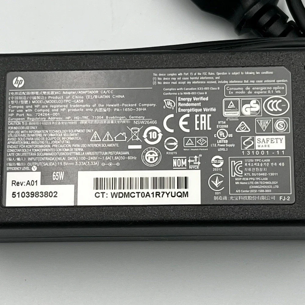 HP 65W AC Adapter Laptop Charger Black Very Good TPC-LA58 724264-001